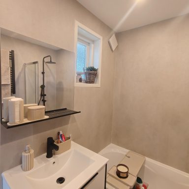 Moderne badkamer met wastafel, spiegel en planten op een plankenrek.